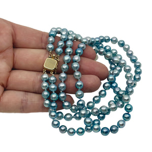 Vintage Double Strand Blue Japanese Saltwater Akoya Cultured Pearl Necklace- 14K Yellow Gold 17-19 Inch