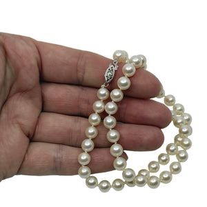 Quality 7mm Japanese Saltwater Akoya Cultured Pearl Mid Century Vintage Choker Necklace - 14K White Gold 16 Inch