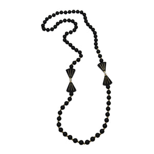 Geometric Black Onyx Mid-Century White Akoya Saltwater Cultured Pearl Necklace- 14K Yellow Gold 31"