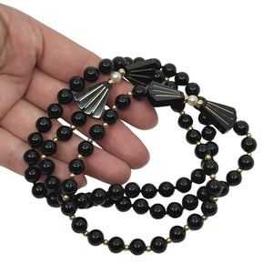 Geometric Black Onyx Mid-Century White Akoya Saltwater Cultured Pearl Necklace- 14K Yellow Gold 31"