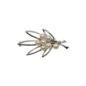 Vintage Multi Leaf Japanese Saltwater Akoya Cultured Pearl Brooch- Sterling Silver
