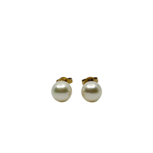 7.25mm Vintage Stud Japanese Akoya Saltwater Cultured Pearl Pierced Earrings- 14K Yellow Gold
