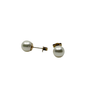 7.25mm Vintage Stud Japanese Akoya Saltwater Cultured Pearl Pierced Earrings- 14K Yellow Gold