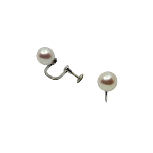 7.25mm Vintage Solitaire Japanese Akoya Saltwater Cultured Pearl Screwback Earrings- Sterling Silver