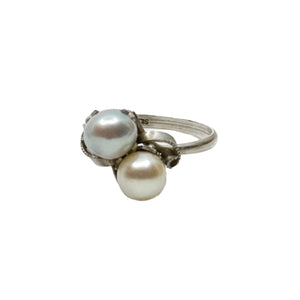 Blue White Bypass Japanese Saltwater Cultured Akoya Vintage Pearl Ring- Sterling Silver Sz 7.50