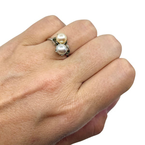Blue White Bypass Japanese Saltwater Cultured Akoya Vintage Pearl Ring- Sterling Silver Sz 7.50