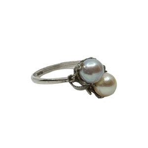 Blue White Bypass Japanese Saltwater Cultured Akoya Vintage Pearl Ring- Sterling Silver Sz 7.50