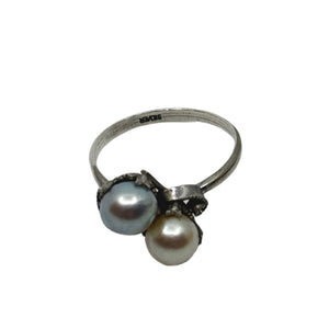 Blue White Bypass Japanese Saltwater Cultured Akoya Vintage Pearl Ring- Sterling Silver Sz 7.50