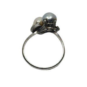 Blue White Bypass Japanese Saltwater Cultured Akoya Vintage Pearl Ring- Sterling Silver Sz 7.50