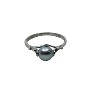 Vintage Blue 7mm Japanese Saltwater Akoya Cultured Pearl Solitaire Ring- Sterling Silver Sz 7.75