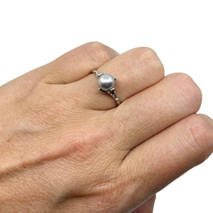 Vintage Blue 7mm Japanese Saltwater Akoya Cultured Pearl Solitaire Ring- Sterling Silver Sz 7.75