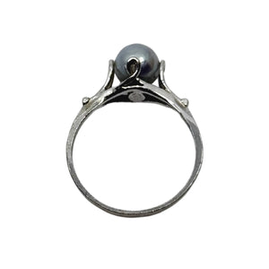 Vintage Blue 7mm Japanese Saltwater Akoya Cultured Pearl Solitaire Ring- Sterling Silver Sz 7.75