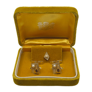 Mid-Century Geometric Textured Japanese Saltwater Akoya Cultured Pearl Vintage Cufflinks Tie Tac- 14K Gold Filled