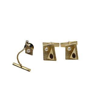 Mid-Century Geometric Textured Japanese Saltwater Akoya Cultured Pearl Vintage Cufflinks Tie Tac- 14K Gold Filled
