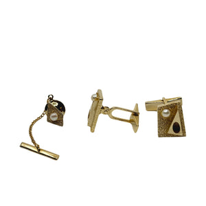 Mid-Century Geometric Textured Japanese Saltwater Akoya Cultured Pearl Vintage Cufflinks Tie Tac- 14K Gold Filled