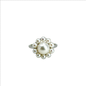 Vintage Mikimoto Halo Japanese Saltwater Akoya Cultured Pearl Ring- Sterling Silver Sz 8