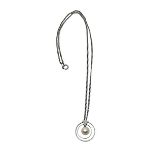 Vintage Mikimoto Circle Solitaire Saltwater Akoya Cultured Pearl Designer Pendant Necklace- Sterling Silver 16"