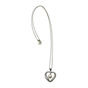 Vintage Heart Japanese Saltwater Akoya Cultured Pearl Modernist Pendant Necklace- Sterling Silver 18 Inch