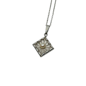 Mid Century Designer Theda Geometric Japanese Saltwater Akoya Cultured Pearl Pendant- Sterling Silver 18 Inch