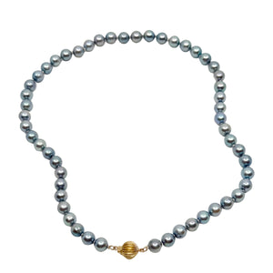 Vintage 7mm Dark Blue Japanese Saltwater Akoya Cultured Pearl Necklace - 14K Yellow Gold 16 Inch
