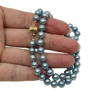 Vintage 7mm Dark Blue Japanese Saltwater Akoya Cultured Pearl Necklace - 14K Yellow Gold 16 Inch