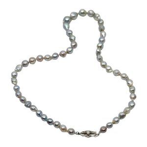 Vintage Baroque Pink Blue Japanese Saltwater Cultured Akoya Pearl Necklace - Sterling Silver 17.25 Inch