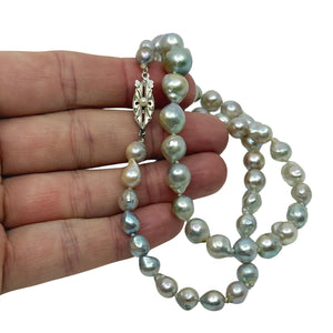 Vintage Baroque Pink Blue Japanese Saltwater Cultured Akoya Pearl Necklace - Sterling Silver 17.25 Inch