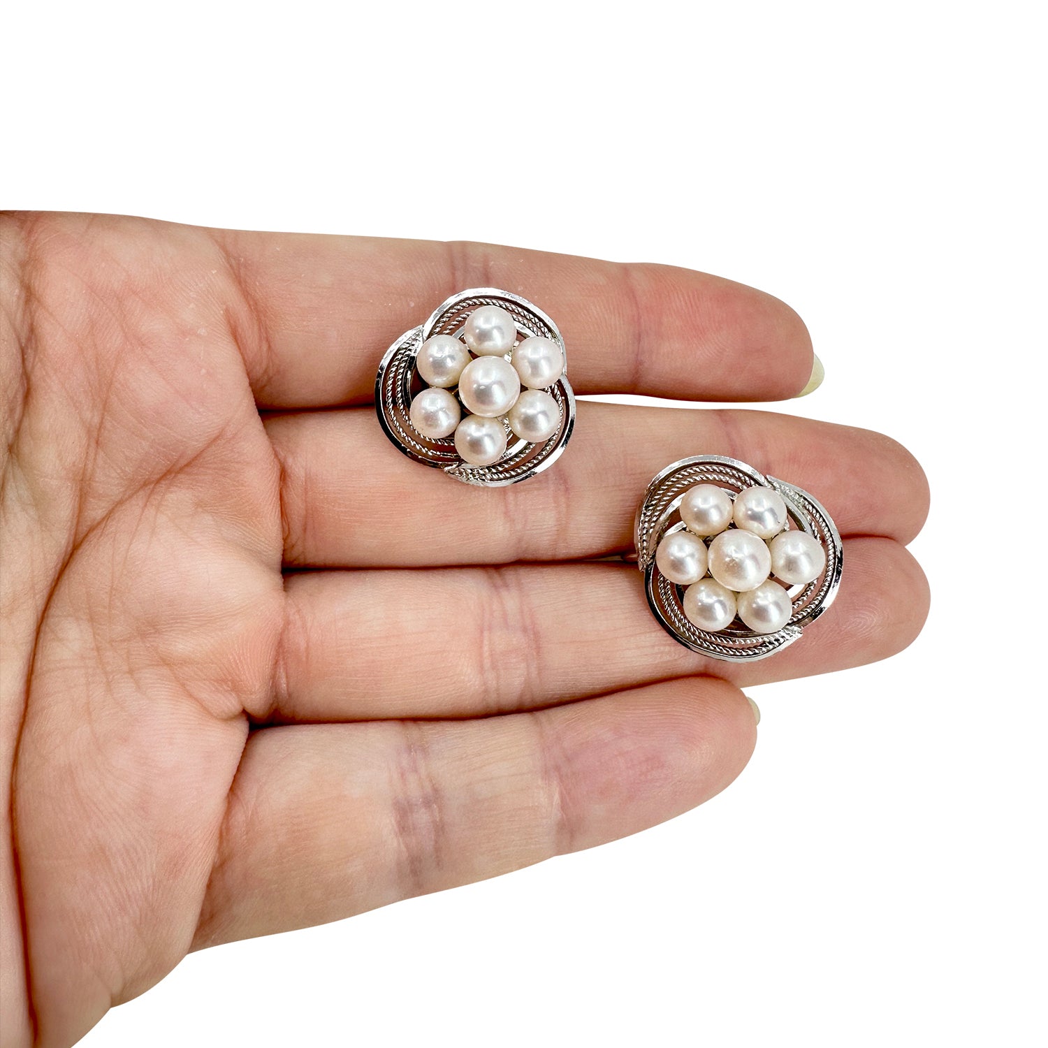 Atomic Era Modernist Akoya Saltwater Cultured Pearl Screwback Earrings Vintage- Sterling Silver