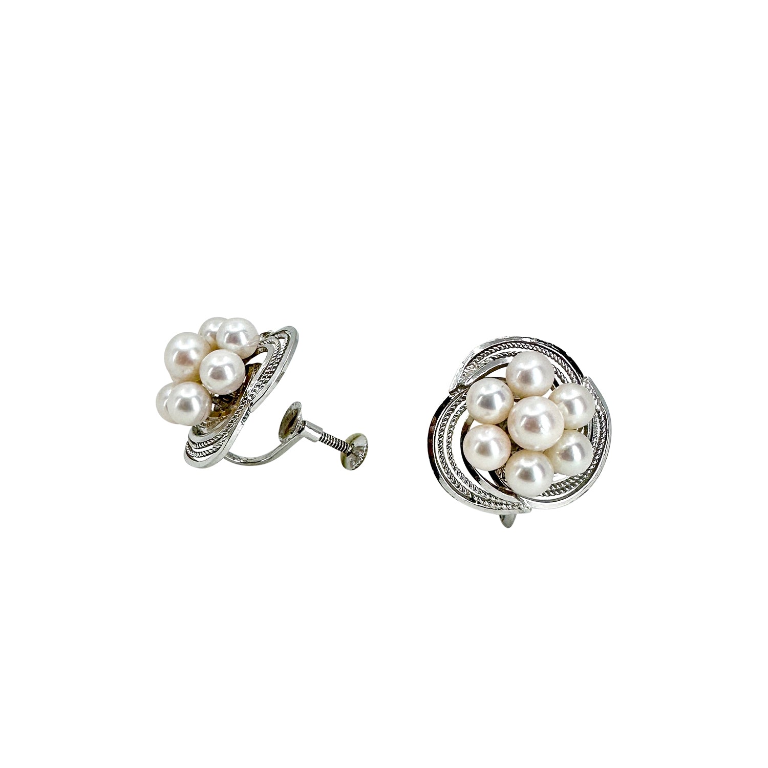 Atomic Era Modernist Akoya Saltwater Cultured Pearl Screwback Earrings Vintage- Sterling Silver