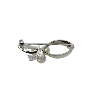 Petite Ribbon Japanese Saltwater Akoya Cultured Pearl Brooch- Sterling Silver