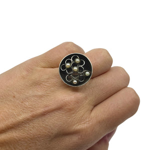 MCM Atomic Dome Vintage Japanese Saltwater Akoya Cultured Pearl Vintage Ring- Sterling Silver Sz 8