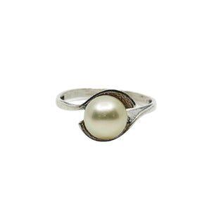 Mid Century Bypass Solitaire Japanese Saltwater Akoya Cultured Pearl Vintage Ring- Sterling Silver Sz 7 1/2