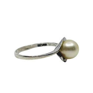 Mid Century Bypass Solitaire Japanese Saltwater Akoya Cultured Pearl Vintage Ring- Sterling Silver Sz 7 1/2