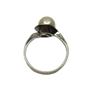 Mid Century Bypass Solitaire Japanese Saltwater Akoya Cultured Pearl Vintage Ring- Sterling Silver Sz 7 1/2