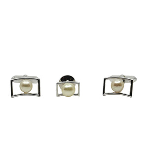 Simple Retro MCM Japanese Saltwater Akoya Cultured Pearl Mens Cufflinks- Sterling Silver