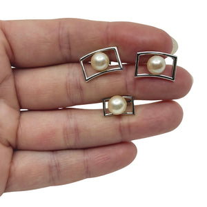 Simple Retro MCM Japanese Saltwater Akoya Cultured Pearl Mens Cufflinks- Sterling Silver