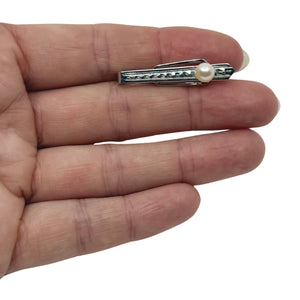 Vintage Engraved Mid Century Men's Japanese Saltwater Akoya Cultured Pearl Tie Bar- Sterling Silver
