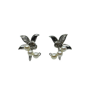 Engraved Leaf Climber Japanese Saltwater Akoya Cultured Pearl Screwback Earrings- Sterling Silver