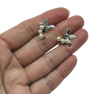 Engraved Leaf Climber Japanese Saltwater Akoya Cultured Pearl Screwback Earrings- Sterling Silver
