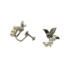 Engraved Leaf Climber Japanese Saltwater Akoya Cultured Pearl Screwback Earrings- Sterling Silver