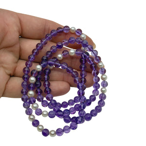 Retro Purple Amethyst White Saltwater Akoya Cultured Pearl Necklace- Opera Length 28"