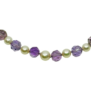 Retro Faceted Purple Amethyst White Saltwater Akoya Cultured Pearl Necklace- Opera Length 28"