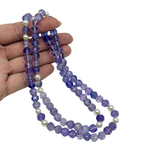 Vintage Faceted Purple Amethyst White Saltwater Akoya Cultured Pearl Necklace- Opera Length 26.5"