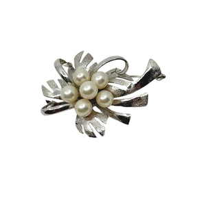 Vintage Leafy Cluster Japanese Saltwater Akoya Cultured Pearl Brooch- Sterling Silver