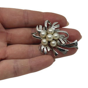 Vintage Leafy Cluster Japanese Saltwater Akoya Cultured Pearl Brooch- Sterling Silver