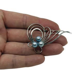 Vintage Delicate Swirl Blue Japanese Saltwater Akoya Cultured Pearl Brooch- Sterling Silver