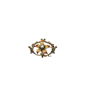 Antique Orange Enamel Flower Seed Pearl Cultured Akoya Pearl Pin Brooch- 10K Yellow Gold 