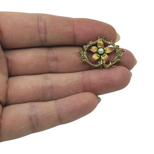 Antique Orange Enamel Flower Seed Pearl Cultured Akoya Pearl Pin Brooch- 10K Yellow Gold 