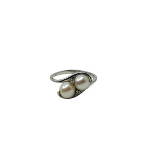 Vintage Diamond Bypass Japanese Saltwater Akoya Cultured Pearl Ring- 10K White Gold Size 5 3/4