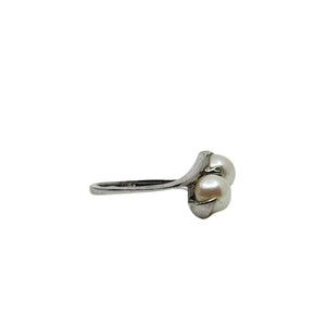 Vintage Diamond Bypass Japanese Saltwater Akoya Cultured Pearl Ring- 10K White Gold Size 5 3/4